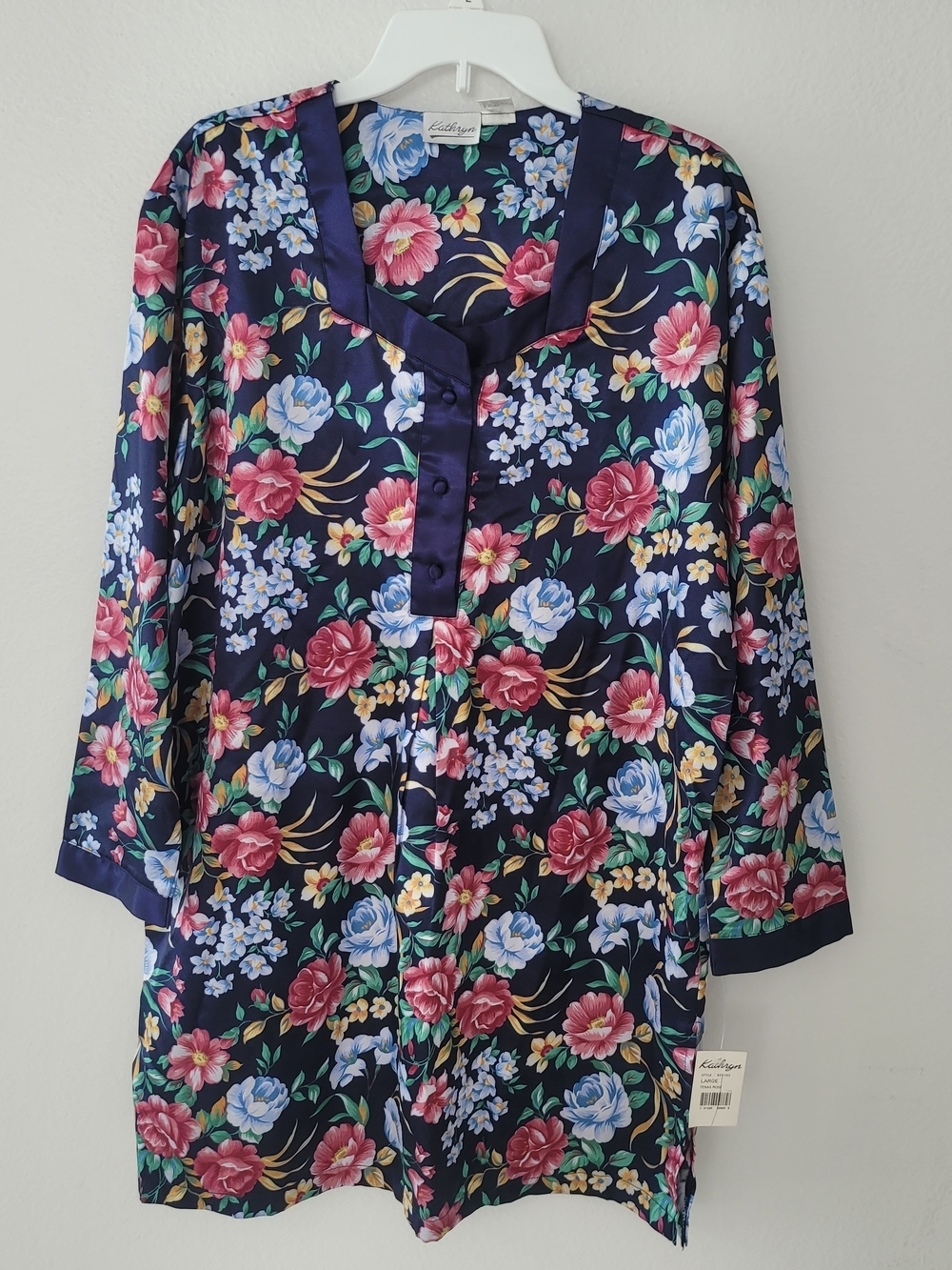 Floral Satin Nightshirt - Navy with Pink & Blue Blooms Size L - Picture 1 of 10